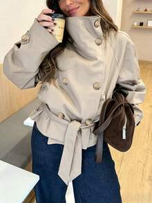 Women's Fashion Double-Breasted Lapel Trench Coat, Loose Drop Shoulder Sleeve Tie Waist Design, Spring/Autumn Essential - Light Khaki - View 2