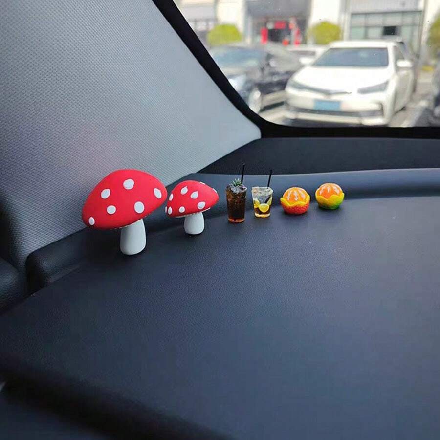 6pcs Cute Soft Rubber Mushroom Car Decor Ornaments For Dashboard, Rearview Mirror, Air Vent - 6pc Mushroom + Drink Cup + Orange - View 1