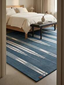 1PC Deep Blue & White Geometric Vertical Stripe Area Rug, Faux Cashmere Material Rectangular Bohemian Ikat Pattern, Machine Washable Suitable For Living Room Bedroom Daily Home Decor, Aesthetic Home Decoration - Multicolor - View 5