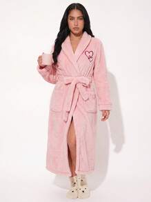 Autumn/Winter Flannel Embroidered Heart Print Long Robe, Sweet Romantic Tie-Waist Bathrobe Loungewear For Women - Pink - View 3