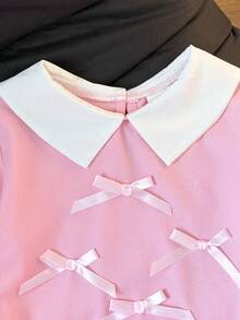 Sweet Style Baby Girl 2pcs Outfit, Waffle Knit Peter Pan Collar 3D Bow Top And Pink Pleated Skirt - Pink - View 4