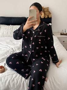 Elegant Printed Women Long Sleeve Pants Pajama Set Soft Comfortable Home & Streetwear - Black - View 4