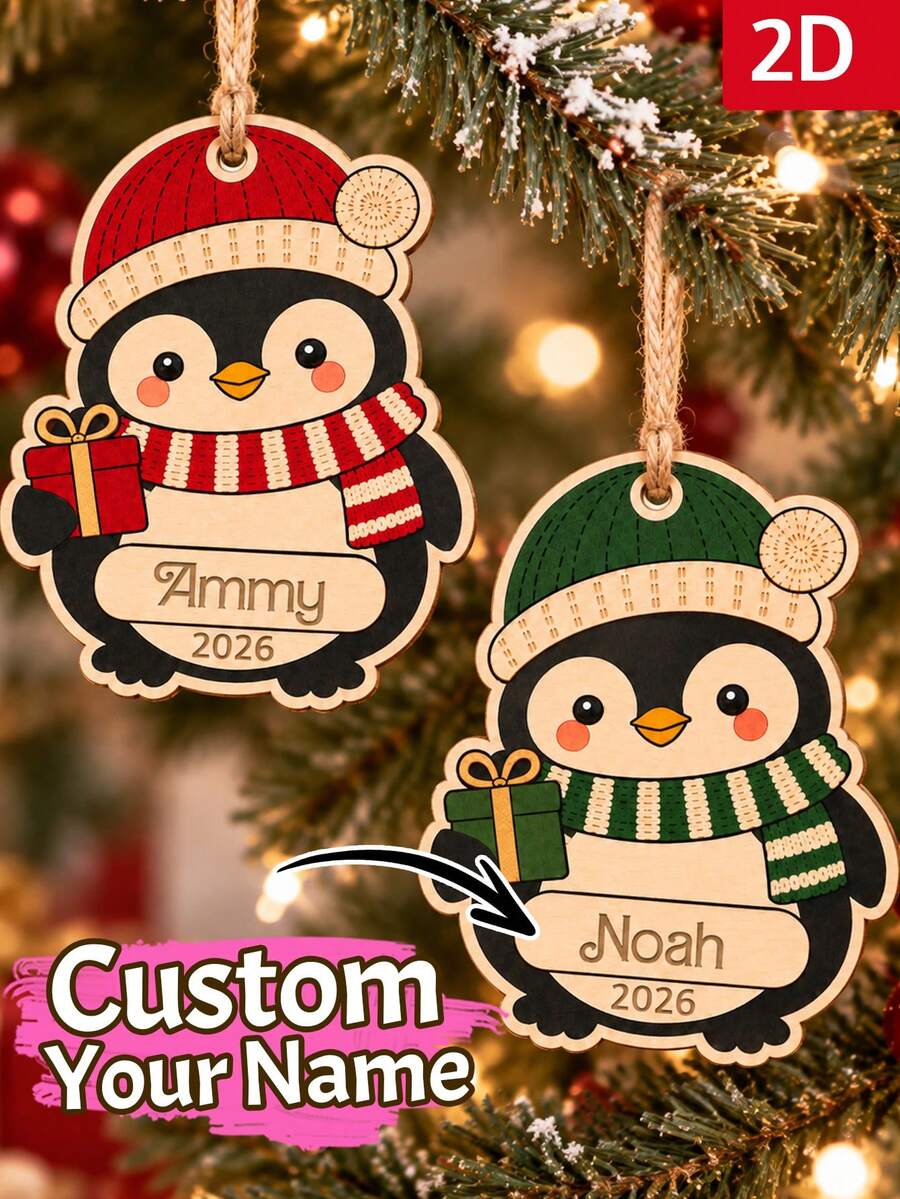 Custom Penguin Christmas Ornament, Personalized Holiday Tree Decoration, Festive Christmas Tree Decorations, Customized Gift Penguin Hanging Decor, Customizable Name Party Ornament, Winter Keepsake Gift For Family, Friends, Seasonal Celebration - Style F - View 1