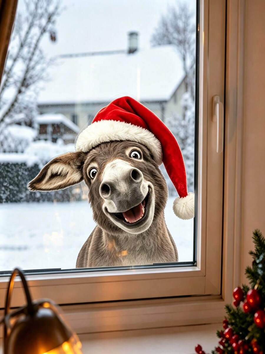 Funny Peeking Donkey Window Sticker With Red Plush Christmas Hat, Realistic Cartoon Mule Print, Suitable For Christmas Party Decoration, Living Room, Bedroom, Children's Room, Classroom, Gift, Warm Humorous Snowy Christmas - Multicolor - View 1