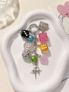 Y2K Dice Beaded Bag Charm Keychain With Playing Card Heart Star Pendants Cute Kawaii Aesthetic Purse Accessory, Street Style Handbag Decoration - Multicolor - View 2