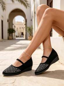 Elegant Women's Shoes-Rhinestone-Embellished Mary Jane Wedges; Suitable For Halloween, Christmas, And Everyday Wear. - Black - View 4