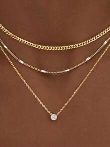 1pc Women's Layered Gold Necklace Set, 14K Gold Plated 925 Sterling Silver CZ Round Pendant With Stackable Cuban Chain Necklace, Waterproof Gift - Multicolor - View 10