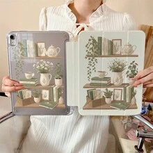 1件裝美學綠植書架茶壺雛菊藝術印花三折背殼全透明保護殼，超薄支架防震防摔筆槽平板保護套，相容 iPad Pro/Air、Pad 5/6/7、Pad、MatePad、Honor Pad - 彩色 - 查看 3