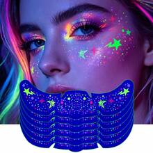 6 Sheets Glow In The Dark Star Lightning Freckle Face Stickers UV Blacklight Fluorescent Temporary Tattoo Rave Festival Halloween Face Makeup Decals - Multicolor - View 10