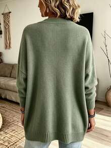 Women's Plus Size Green Knitted Cardigan With Pockets, Long Sleeve Drop Shoulder Rib-Knit Sweater For Fall/Winter Warmth - Mint Green - View 3