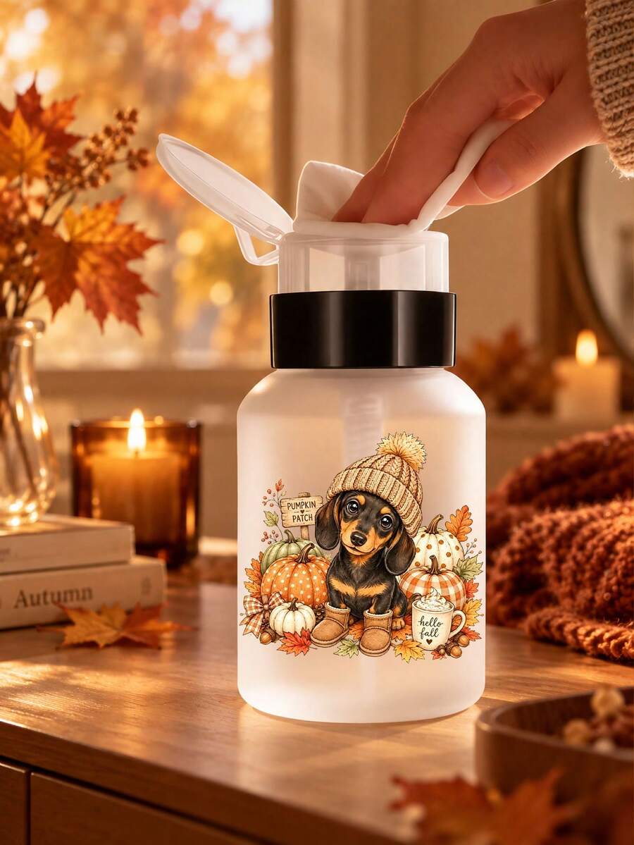 Hello Autumn 秋季臘腸狗與南瓜圖案透明PET可補充旅行瓶,附便攜泵頭卸妝液分裝瓶,適用於卸甲水、化妝水與卸妝液,圓頂設計,可重複使用,旅行必備,萬聖節禮物 - 彩色 - 查看 1