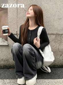 Korean Style Polka Dot Henley Collar Long Sleeve Slim Fit Flattering Casual T-Shirt - Black - View 8