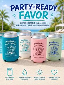Personalized Neoprene Can Cooler, Custom Text Collapsible Insulated Can Sleeve, Mermaid Line Art Drink Holder For Beach And Pool Parties, Last Splash Celebrations And Bachelorette Party Favors - Multicolor - View 7