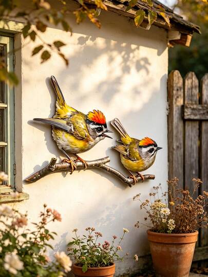 Two Cute Firecrest Birds On Branch Metal Wall Art, Boho Hanging Wall Plaque, Farmhouse Ornament For Porch, Fence, Entryway & Home Wall, Indoor‑Outdoor Garden Decor, Sweet Gift For Bird & Nature Lovers-Prints For Wall