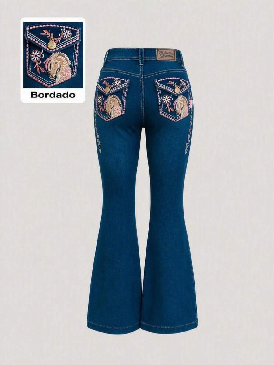 Jeans vaqueros de niña estilo vintage, lavado oscuro y corte acampanado, con bordado único de cabeza de caballo en los bolsillos traseros. - Azul lavado medio - Ver 1