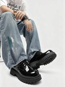 Men's Black Shiny Leather Thick Sole Round Toe Lace-Up Height-Increasing Casual Work Shoes, Plus Size 37-46 - Black - View 9