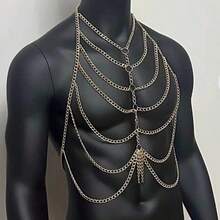 1pc European & American Men's Heavy Metal Necklace, Personalized Street Style Multi-Layer Gold Chest Chain, Exaggerated Performance Jewelry - Men's Body Chain - View 4