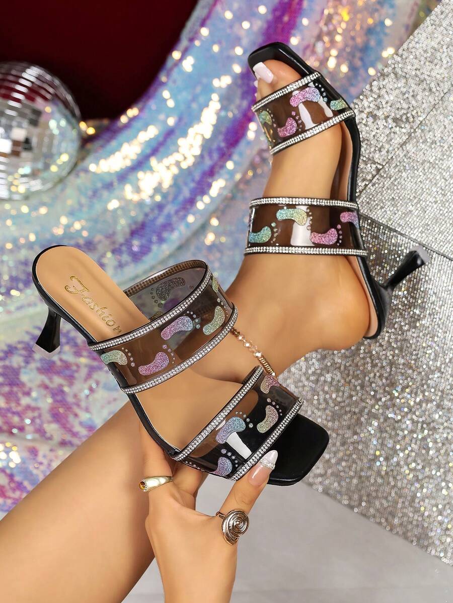 New Open Toe Mule Sandals Black Transparent Rhinestone Strap Stiletto Heel Women's Shoes Iridescent Sequin Decor Party Date Versatile Fashion Comfortable High Heel Slippers - Black - View 1