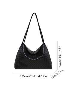 Hand-Woven Rhombus Pattern Soft Leather Tote Bag, Large Capacity, Magnetic Snap Closure, Dual Long Shoulder Straps For Shoulder Or Underarm Carry, Minimalist Commuter Style, Can Store Phone, Wallet, Cosmetics And Other Daily Essentials, Suitable For Work Commute, Daily Outings, Casual Dates, Soft And Premium Texture, Versatile Bag - Black - View 7