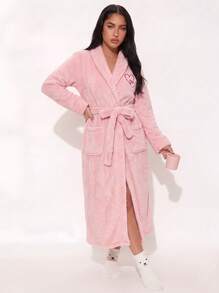 Autumn/Winter Flannel Embroidered Heart Print Long Robe, Sweet Romantic Tie-Waist Bathrobe Loungewear For Women - Pink - View 5