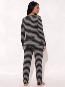 Spring/Autumn New Black & Grey Striped Women's Long Sleeve Pajama Set 2pcs, Fashionable Versatile Long Sleeve & Long Pants Loungewear - Multicolor - View 3