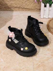 Girls' Sweet Floral Boots, Autumn/Winter Thermal Lined Little Princess Ankle Boots, Children's Non-Slip Thick Sole Fashion Boots - Black - View 5