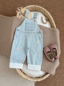 Baby Girls Infant Turn-Down Collar Petal Sleeve Top With Floral Embroidery Denim Overalls Lace Trim Spring Autumn Set - Baby Blue - View 3