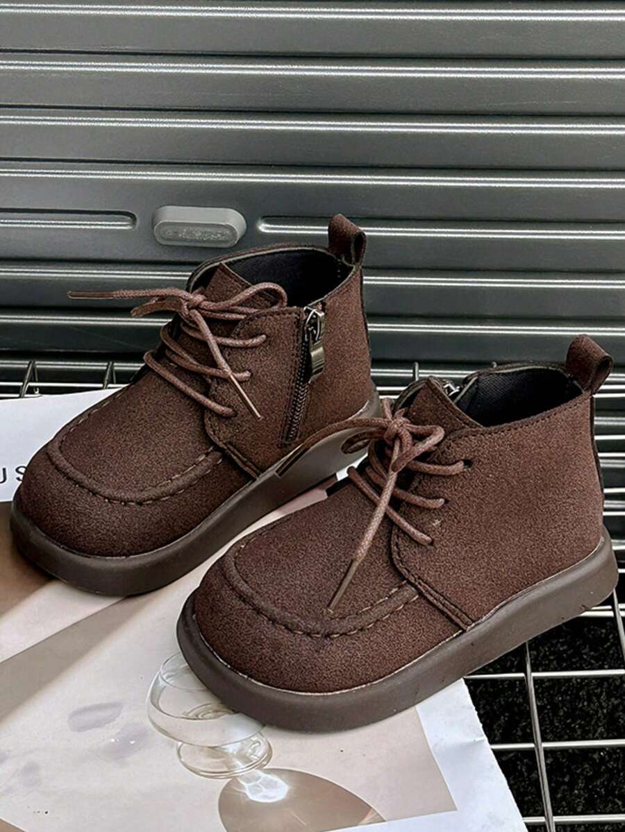 Girls' Simple Lace-Up Ankle Boots, Toddler Side Zipper Easy On/Off Casual Baby Shoes - Brown - View 1