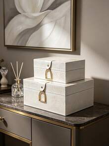 Bộ 2 hộp đựng trang sức PU vân nổi lớn và nhỏ, khung MDF lót nhung, tay cầm khóa gài hình bàn đạp màu vàng, hộp lưu trữ trang sức sang trọng cho phòng ngủ, bàn trang điểm, trang trí phòng, quà cưới - Màu be - Xem 3