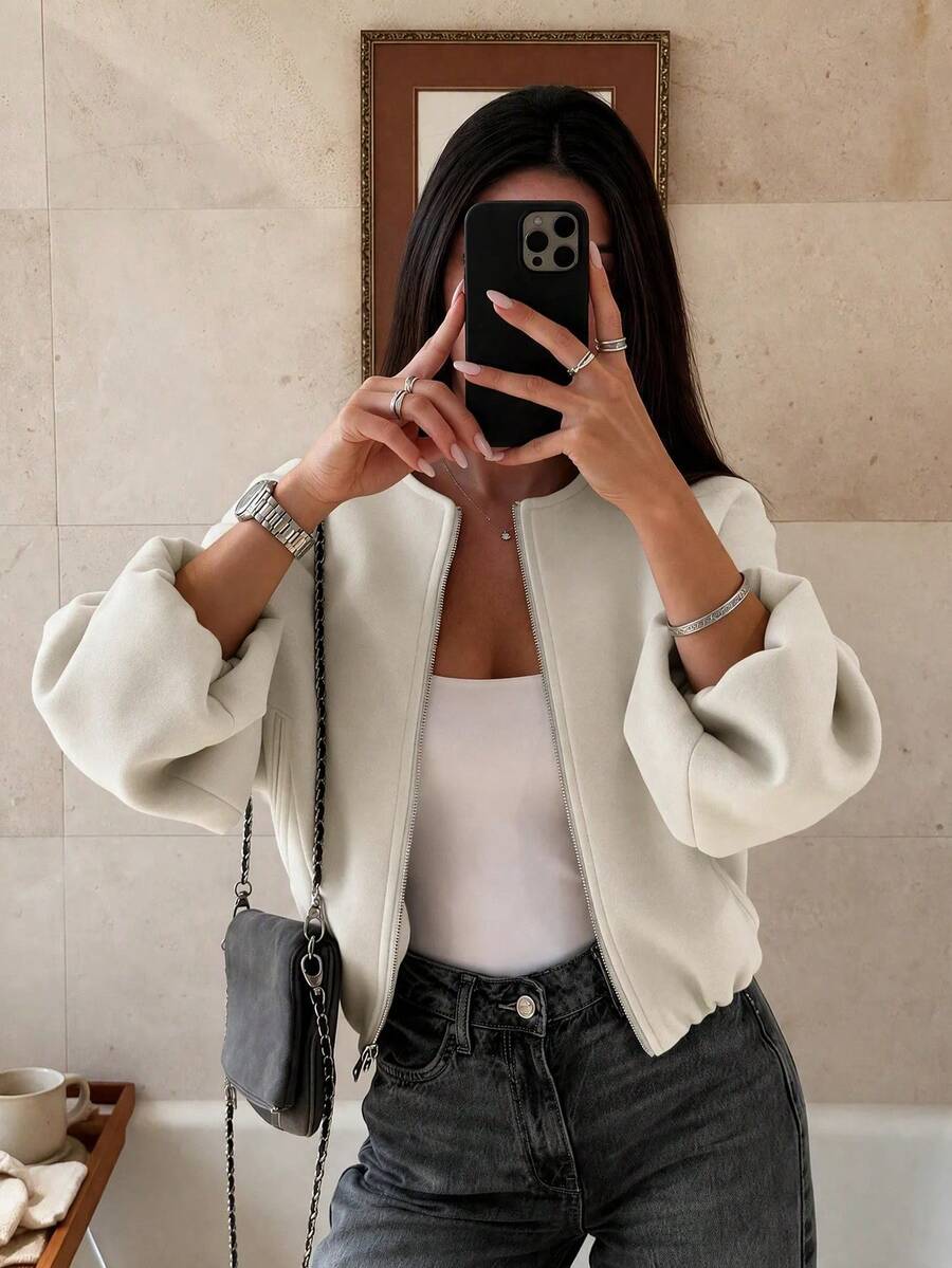 Simple Versatile Daily Solid Color Zip-Up Short Jacket With Pockets, Soft Zip-Up Long Sleeve Jacket, Women Casual Full Set Long Sleeve Outerwear, Autumn/Winter Spring, Clean Girl Aesthetic - Beige - View 1