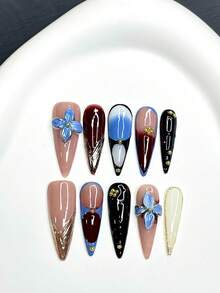 Handcrafted Fall Press On Nails, Contrast Color Blue Wine Red Ombre 3D Floral Fake Nails. Luxury Fall Nails, Long Stiletto Shape, Metallic Gold Line & Rhinestone Decor Reusable Nails - Dusty Blue - View 2
