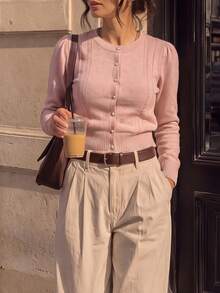 DONICY Women's Dusty Pink Crew Neck Puff Sleeve Hollow Lace Trim Pearl Button Cropped Knit Cardigan, Slim Layering Sweater Jacket For Spring Fall Daily Wear - Pink - View 7