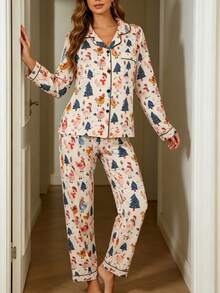 2pcs Women's Long Sleeve Pajama Set, Christmas Cartoon Chicken Family Pattern, Gift 2-Piece Set, Lapel Button Long Sleeve, Loose Elastic Long Pants, Suitable For All Seasons, Home Wear, Outdoor Wear, Comfortable And Loose, New Full Print Pattern - Apricot - View 5