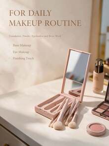 5PCS Rose Gold Soft Fluffy Makeup Brush Set With Portable Mirror, Soft Bristles Skin-Friendly, Includes Multiple Makeup Tools, Easy To Store And Carry, Suitable For Daily Makeup, Also Perfect As Exquisite Gift For Halloween And Christmas - Multicolor - View 5
