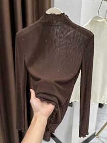 Brown Mesh Layering Top 2026 New Style Long Sleeve Ruffle Lace Trim Mock Neck Blouse For Women Autumn/Winter - Coffee Brown - View 4