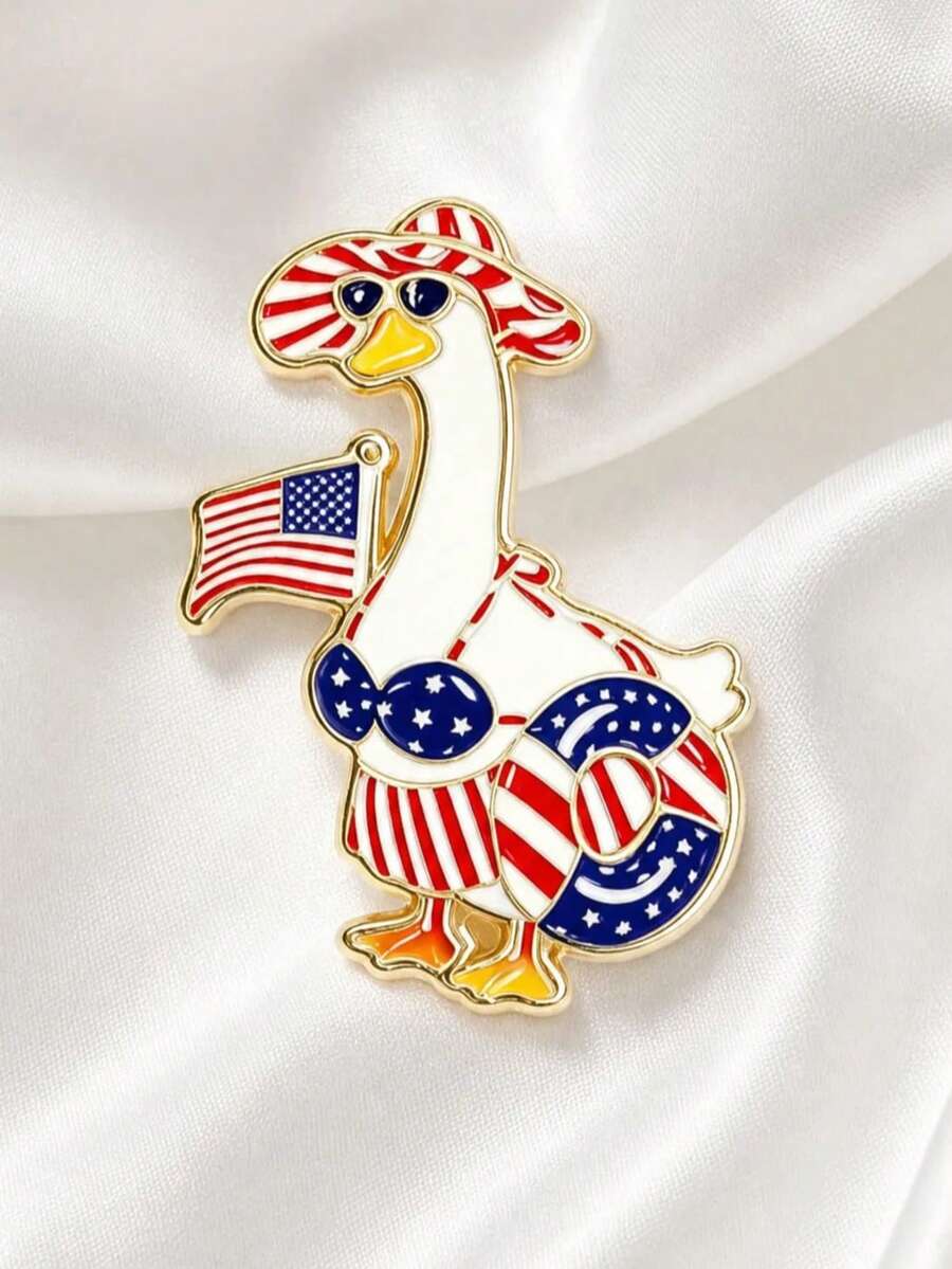 Vacation Style Striped Swimsuit Goose Brooch, Casual Beach Fashion Glasses Swim Ring Design, Versatile Lapel Accessory For Coat, Scarf, Backpack, Summer Fun Gift Item - Multicolor - View 1