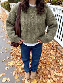 Women's Casual Ribbed Pullover Knit Sweater, Long Sleeve Basic Top For Fall Winter Daily Commute Outfits Basic Blouses Going Out Outfits - Olive Green - View 3