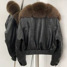 OFTBUY Women's Faux Leather Short Jacket, Oversized Faux Fur Collar, Zipper Closure, Elastic Hem, Long Sleeve Motorcycle Style Outerwear, Autumn/Winter - Black Coffee - View 5