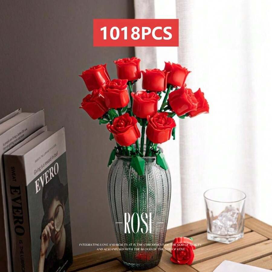 1018pcs DIY Red, Pink, Blue Building Block Roses, Assembled Building Block Flowers, Desktop Decoration Ornaments, Christmas Gift - Multicolor - View 1