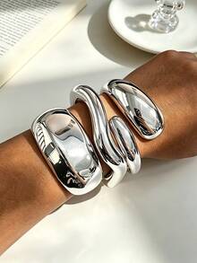 3pcs/1pc Vintage Exaggerated Glamorous Women's Silver Round And Wavy Teardrop CCB Open Bangle Set, Suitable For Daily Wear, Party, Vacation, Date, Wedding, Festival, Gift, Stackable - Silver - View 5