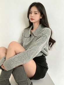 YCYC Korean Style Slouchy Soft Knit Round Neck Pullover Sweater Tops For Women - Grey - View 1