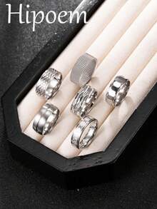 Hipoem Set Cincin Pria Stainless Steel Bergaya 6 Buah dengan Motif Ular Jala dan Elemen Angka Romawi, Cocok untuk Pemakaian Sehari-hari, Kencan, dan Aksesori Pesta Halloween - Perak - View 5