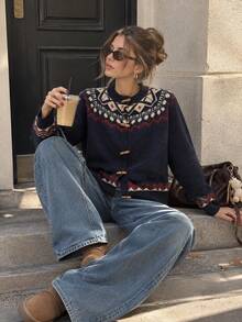 Women's Festive Jacquard Knitted Cardigan Sweater Boho Long Sleeve Stand Collar Regular Fit Top For Fall Winter - Multicolor - View 3
