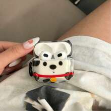 Cute Spotted Puppy Bluetooth Earphone Protective Case, With Black Round Ring Hook, Transparent Shell Body Printed With Black And White Spotted Puppy, Round Black Eyes, Red Collar With Yellow Bell, Soft And Healing. Wavy Asymmetrical Shell Body, Made Of Transparent Soft Material, Fits Bluetooth Earphone Body Tightly, Precise Charging Port Opening, Smooth Earphone Opening And Closing, Easy To Install And Remove. High-Definition Color Printing Process - Clear - View 8