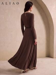 ALIAO Long Sleeve Ribbon Elegant Women's Dress, Suitable For Daily, Dating, Holiday, Wedding Guest, Party, Autumn/Winter Wear - Coffee Brown - View 7