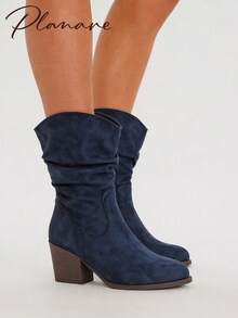 Women's Fashion Blue Suede Ruched Mid-Calf Boots, Slip-On Pointed Toe Chunky Heel Western Riding Boots, Autumn Wrinkled High Heel Long Boots, Slouchy - Blue - View 4
