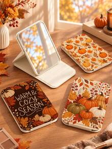 New "HELLO AUTUMN" Autumn Mini Foldable Portable Makeup Mirror, -With Stand Design, Decorated With Maple Leaf And Pumpkin Patterns; Suitable For Travel And Daily Use; Minimalist Style Rectangular Desktop Foldable Makeup Mirror, Back To School Essential, Back To School Season, Autumn Gift, Autumn Home Decor, Gift For Friends, Family And Teachers - Multicolor - View 2