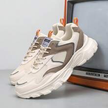 Men Contrast Piping Chunky Sneakers, Lace-Up Front Sneakers Valentines - Beige - View 2