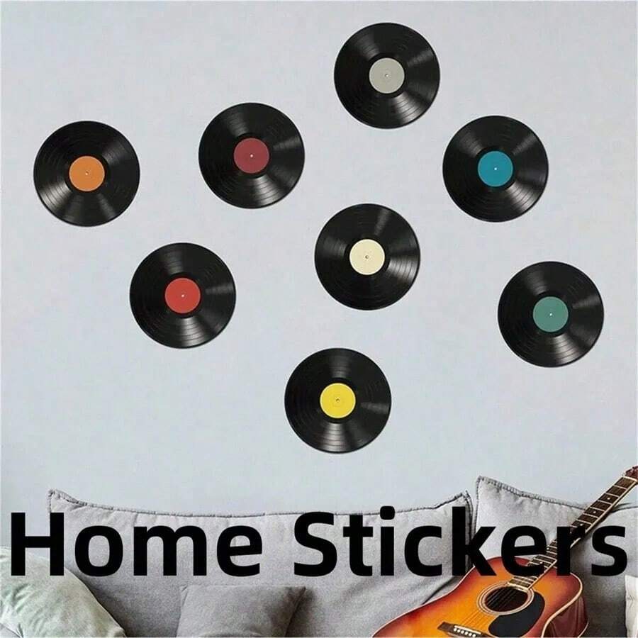 1/5/8/12/13-Piece Set: 8.7-Inch Waterproof Vinyl Record-Style Flat Wall Decals – 2D Retro Vinyl Record Designs With DJ Music Themes – Suitable For Home Decor In Bedrooms, Living Rooms, Entryways, And More. - Multicolor - View 1