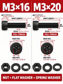10/20/50 Set Baut Kepala Soket Heksagonal M3/M4 dengan Mur, Ring Pipih & Ring Pegas, Baut Metrik Berulir Penuh Warna Hitam, Berbagai Panjang 6–20mm untuk DIY, Furnitur, Mesin & Perbaikan Rumah - 20 Set - View 8
